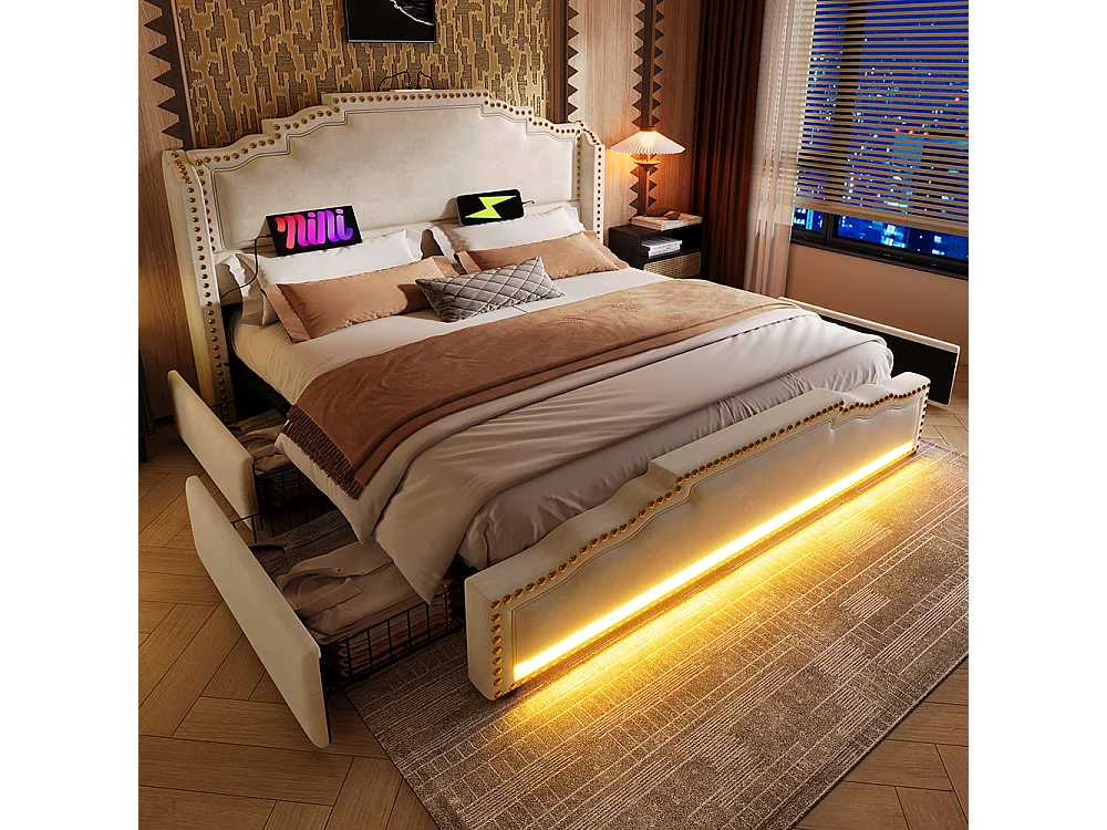 Lit rembourré 160×200, avec 4 tiroirs, éclairage LED et port de charge USB-C, lit de rangement, velours, beige, sans matelas.
