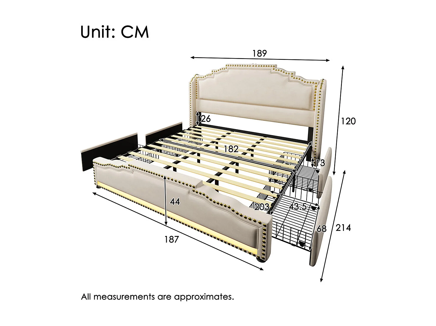 Gestoffeerd bed 180×200, met 4 laden, LED-verlichting en USB-C oplaadpoort, opbergbed, fluweel, beige, zonder matras.