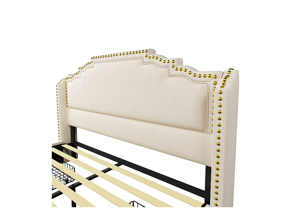 Cama tapizada 140 x 200, con 4 cajones, iluminación LED y puerto de carga USB-C, cama de almacenamiento, terciopelo, beige, sin colchón