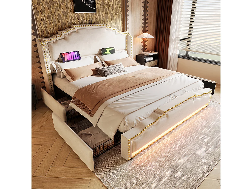 Lit rembourré 140 x 200, avec 4 tiroirs, éclairage LED et port de charge USB-C, lit de rangement, velours, beige, sans matelas.