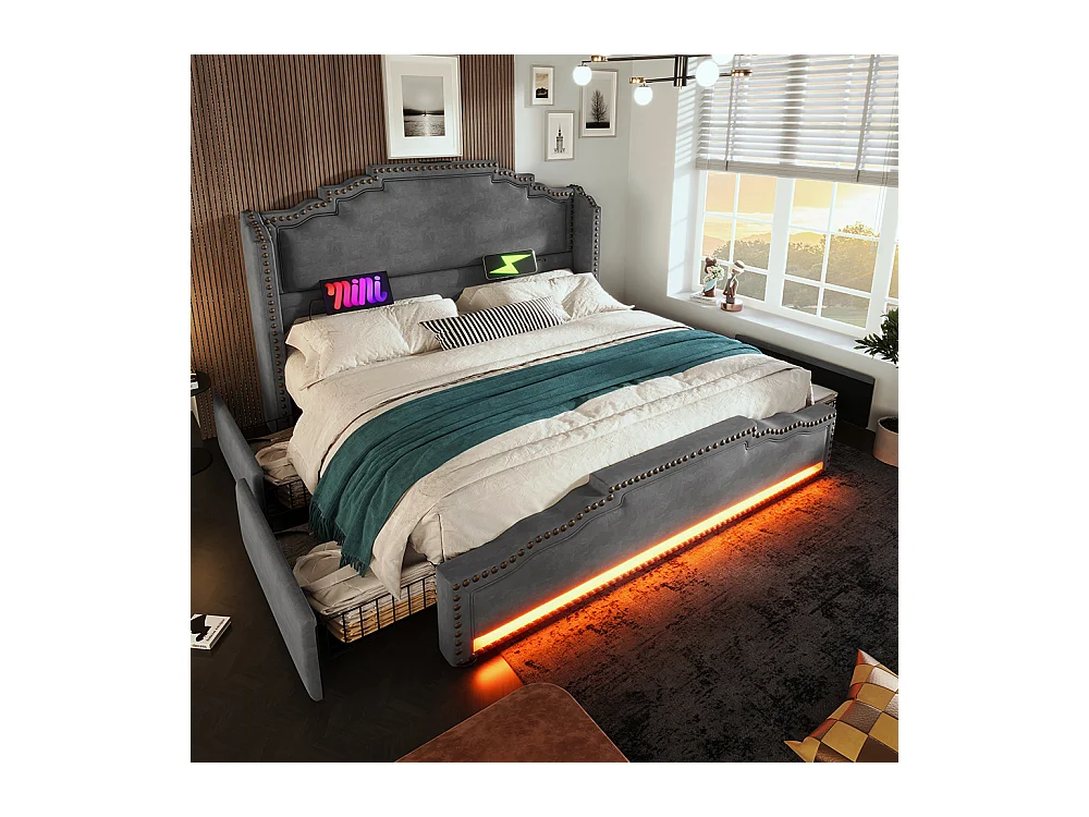 Polsterbett 140×200, Doppelbett mit 4 Schubladen, LED-Beleuchtung und USB-C-Ladeanschluss, Samt, grau, ohne Matratze.