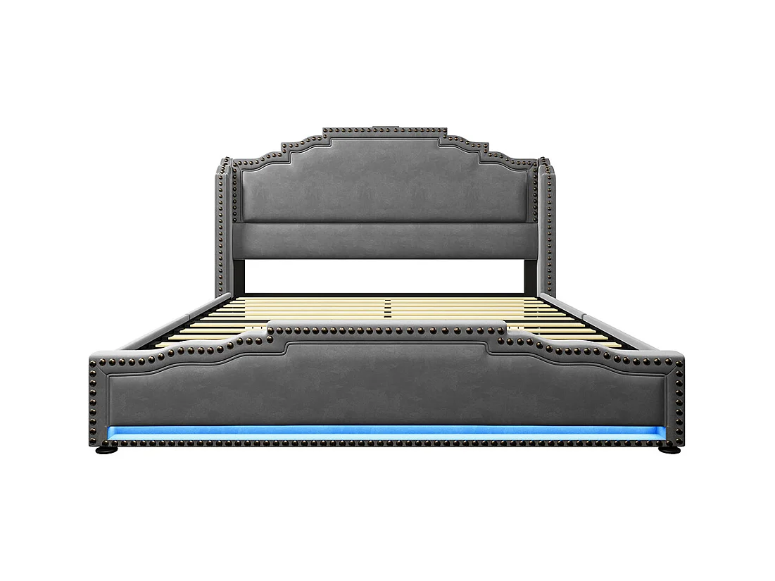 Polsterbett 140×200, Doppelbett mit 4 Schubladen, LED-Beleuchtung und USB-C-Ladeanschluss, Samt, grau, ohne Matratze.