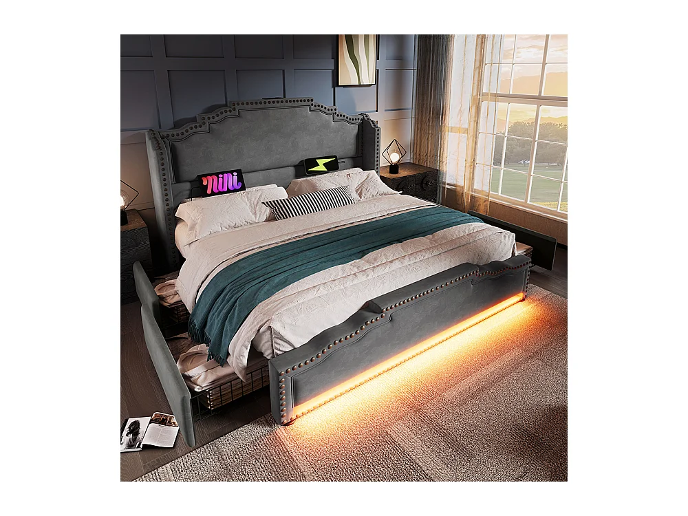 Cama tapizada 180×200, doble con 4 cajones, iluminación LED y puerto de carga USB-C, terciopelo, gris, sin colchón.