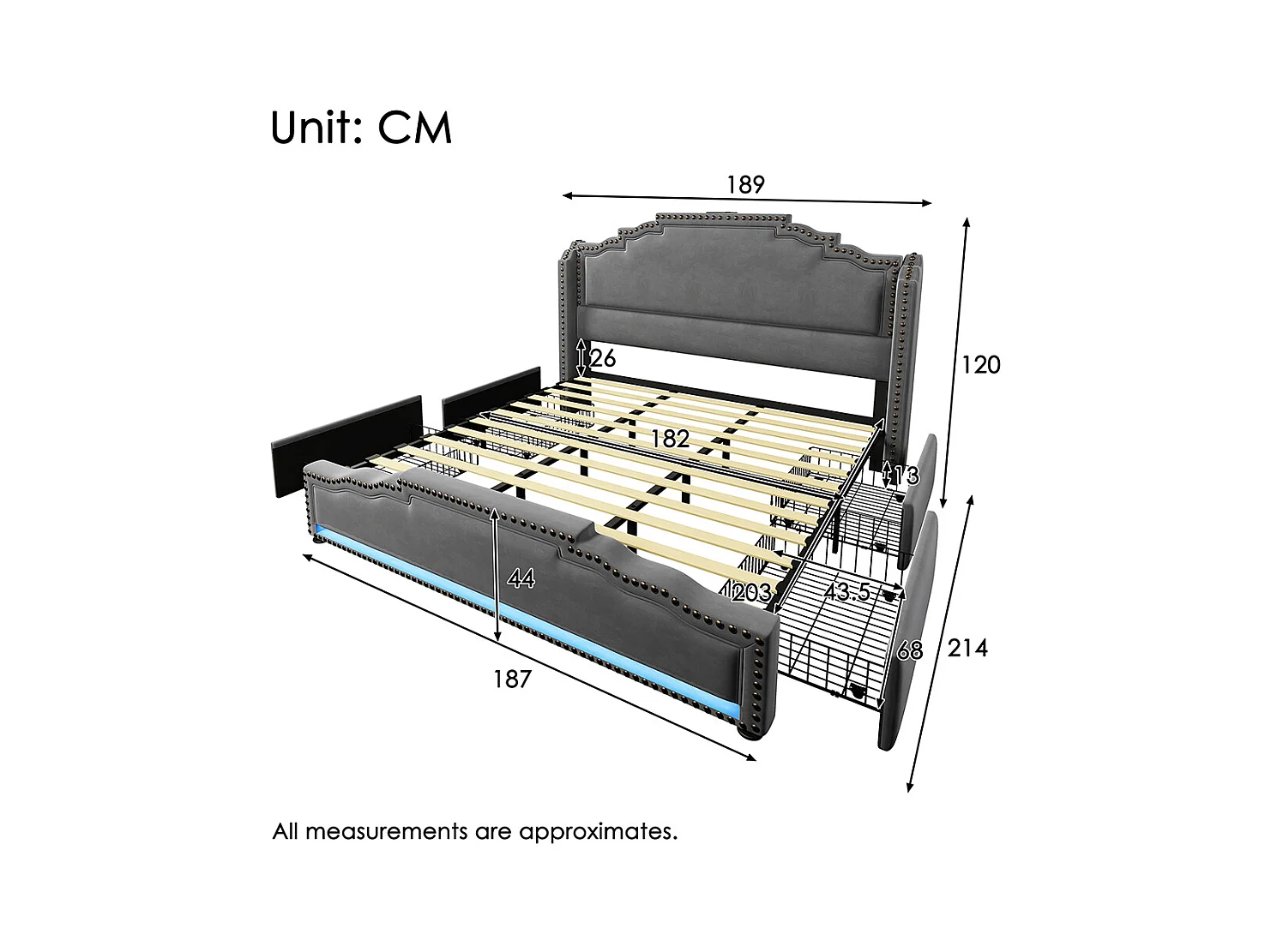 Cama tapizada 180×200, doble con 4 cajones, iluminación LED y puerto de carga USB-C, terciopelo, gris, sin colchón.