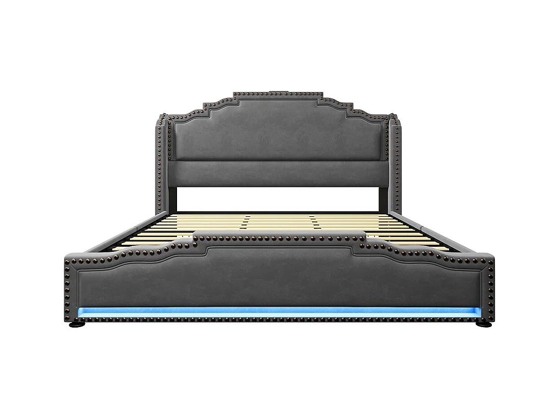 Cama tapizada 180×200, doble con 4 cajones, iluminación LED y puerto de carga USB-C, terciopelo, gris, sin colchón.