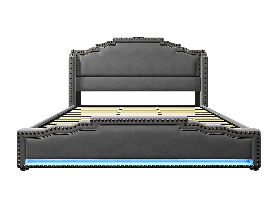 Cama tapizada 180×200, doble con 4 cajones, iluminación LED y puerto de carga USB-C, terciopelo, gris, sin colchón.