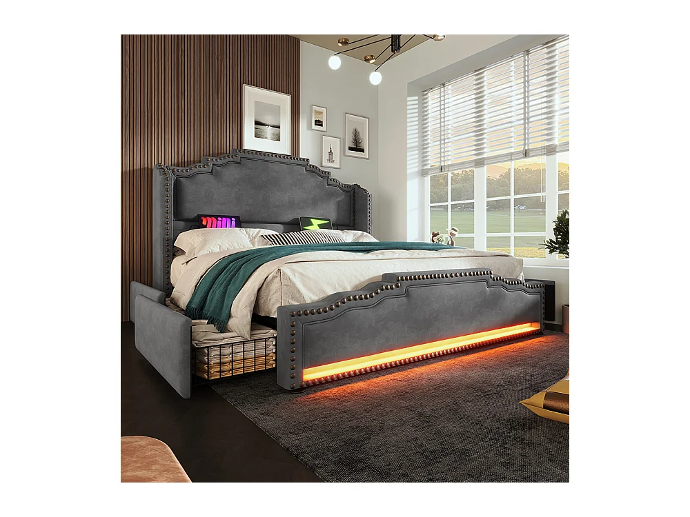 Cama tapizada 160×200, doble con 4 cajones, iluminación LED y puerto de carga USB-C, terciopelo, gris, sin colchón.