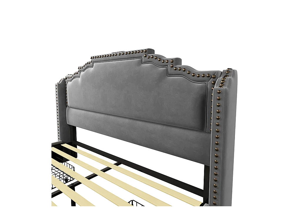 Cama tapizada 160×200, doble con 4 cajones, iluminación LED y puerto de carga USB-C, terciopelo, gris, sin colchón.