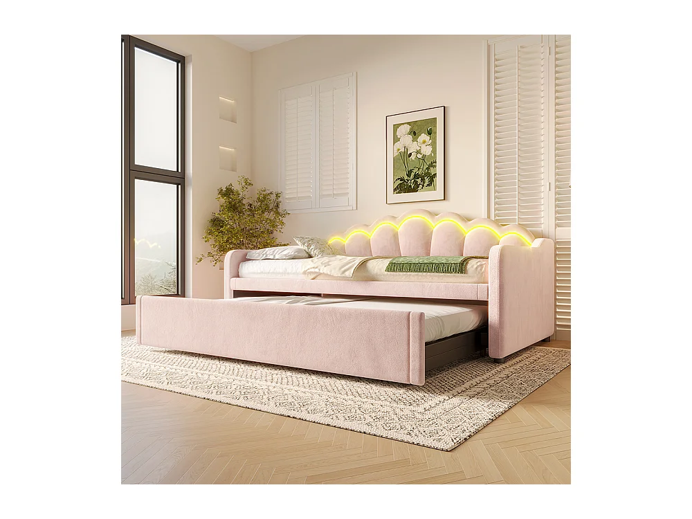 Lit de jour avec lit gigogne, canapé-lit, lit simple, velours, bande LED aux couleurs changeantes, 90x200 cm (180x200 cm), rose
