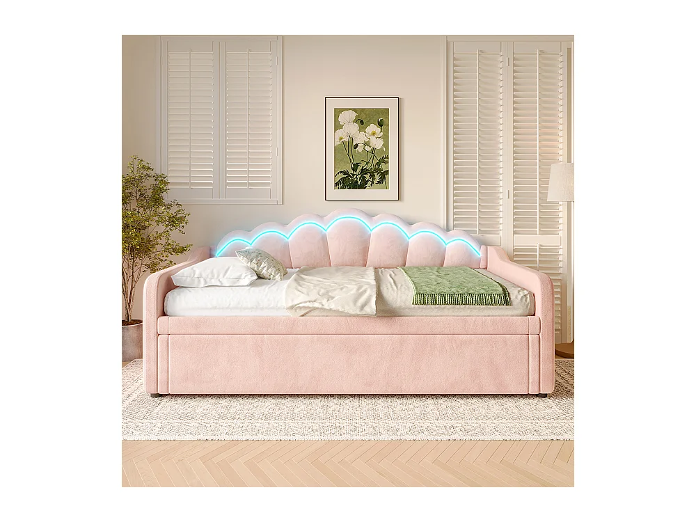 Lit de jour avec lit gigogne, canapé-lit, lit simple, velours, bande LED aux couleurs changeantes, 90x200 cm (180x200 cm), rose