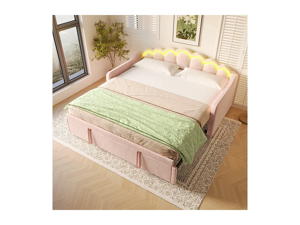 Tagesbett mit Ausziehbett, Schlafsofa, Einzelbett, Samt, farbwechselnder LED-Streifen, 90x200 cm (180x200 cm), Rosa