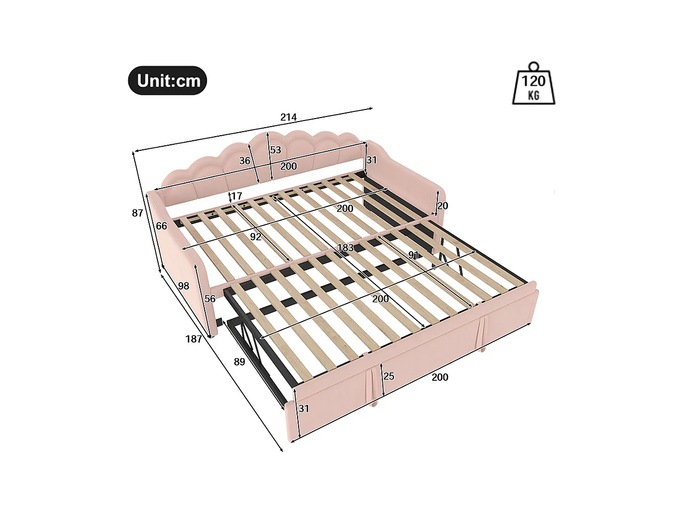 Tagesbett mit Ausziehbett, Schlafsofa, Einzelbett, Samt, farbwechselnder LED-Streifen, 90x200 cm (180x200 cm), Rosa