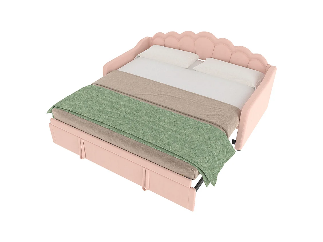 Tagesbett mit Ausziehbett, Schlafsofa, Einzelbett, Samt, farbwechselnder LED-Streifen, 90x200 cm (180x200 cm), Rosa