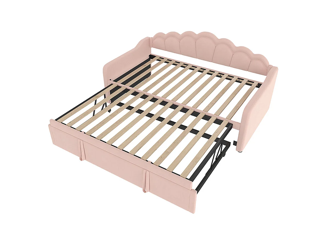 Tagesbett mit Ausziehbett, Schlafsofa, Einzelbett, Samt, farbwechselnder LED-Streifen, 90x200 cm (180x200 cm), Rosa