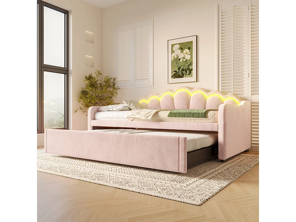 Lit de jour avec lit gigogne, canapé-lit, lit simple, velours, bande LED aux couleurs changeantes, 90x200 cm (180x200 cm), rose