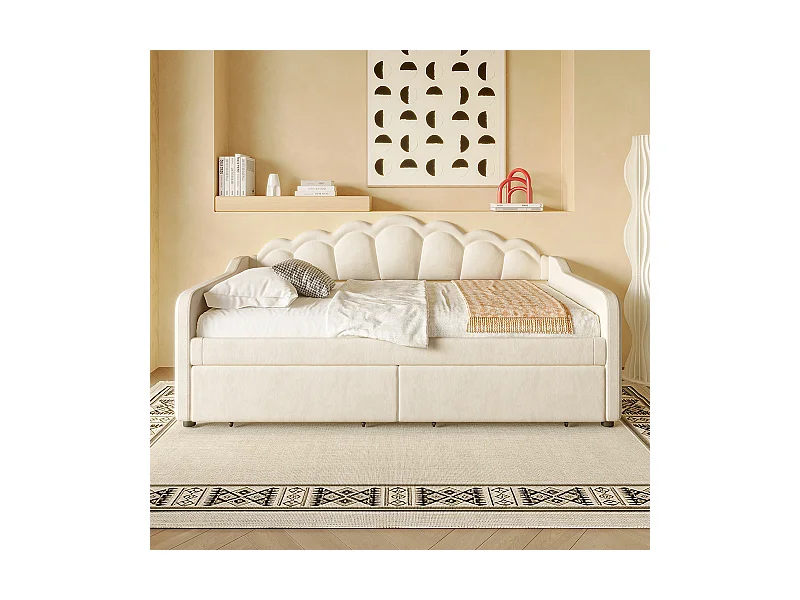 Tagesbett mit Schubladen, Schlafsofa, Einzelbett (ohne Matratze), Samt, farbwechselnder LED-Streifen, 90x200cm,Beige