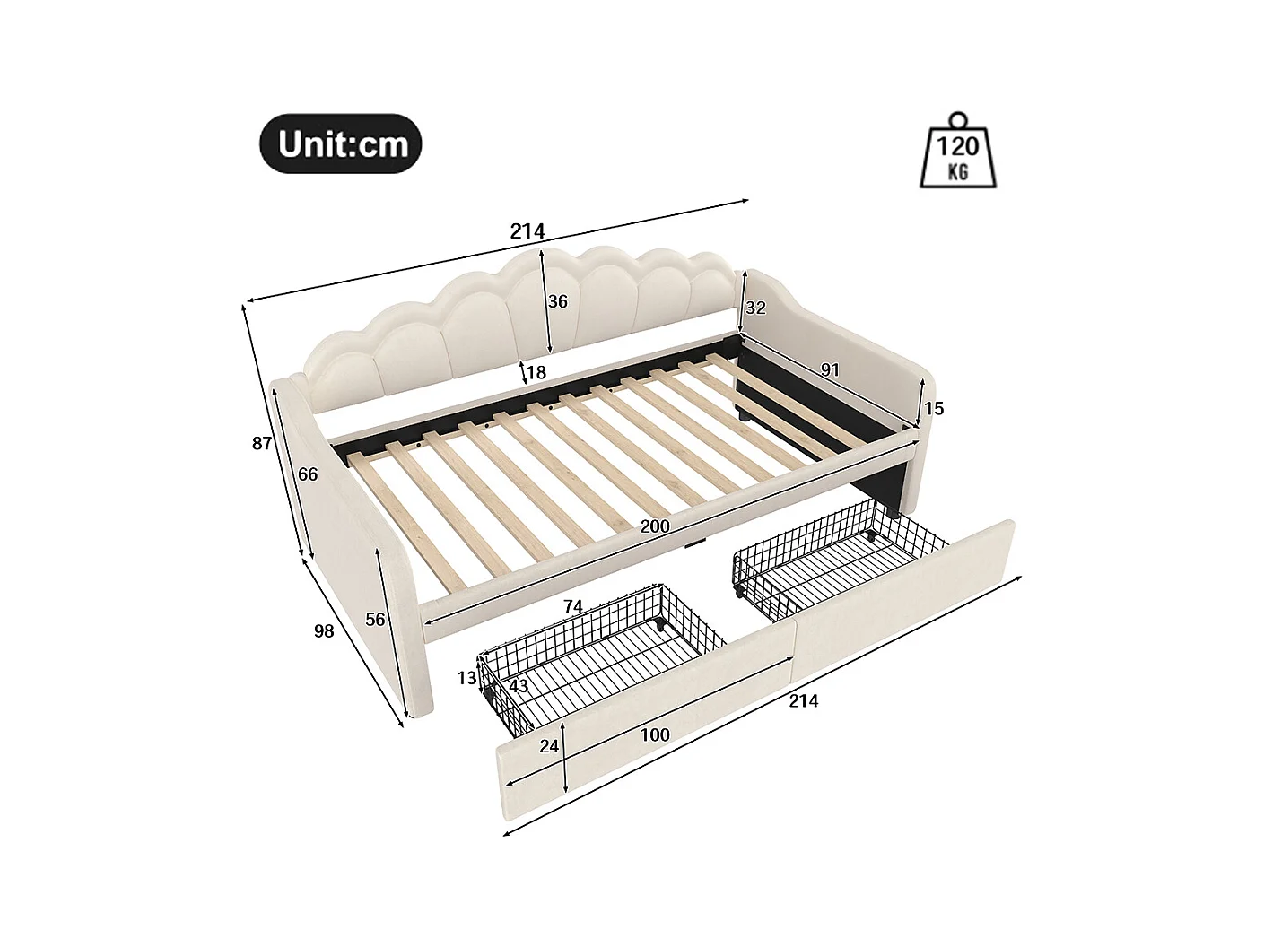 Tagesbett mit Schubladen, Schlafsofa, Einzelbett (ohne Matratze), Samt, farbwechselnder LED-Streifen, 90x200cm,Beige