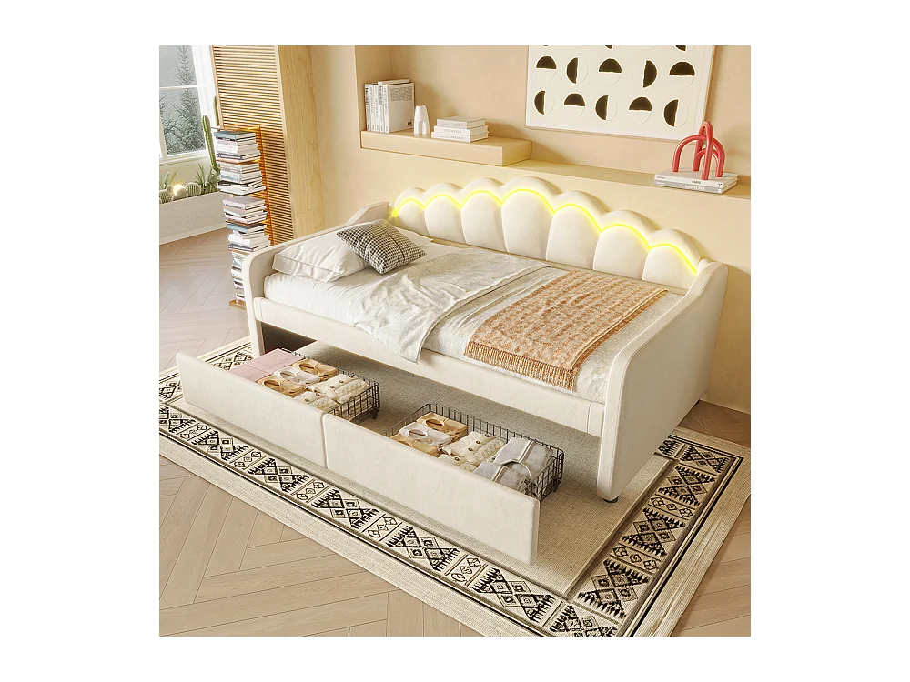Tagesbett mit Schubladen, Schlafsofa, Einzelbett (ohne Matratze), Samt, farbwechselnder LED-Streifen, 90x200cm,Beige