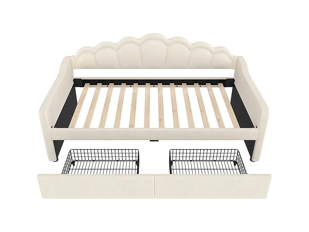 Tagesbett mit Schubladen, Schlafsofa, Einzelbett (ohne Matratze), Samt, farbwechselnder LED-Streifen, 90x200cm,Beige