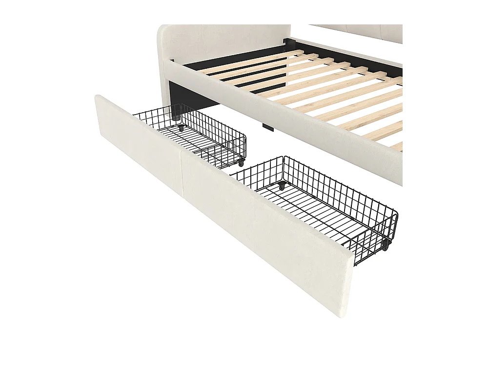 Tagesbett mit Schubladen, Schlafsofa, Einzelbett (ohne Matratze), Samt, farbwechselnder LED-Streifen, 90x200cm,Beige