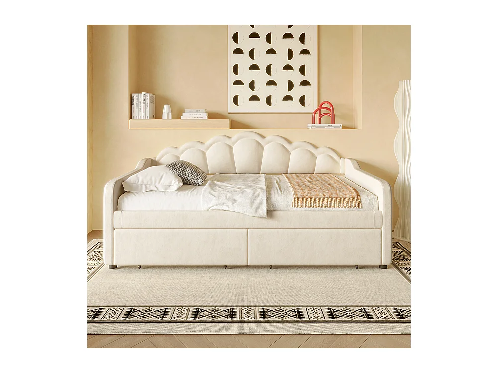 Lit de jour avec tiroirs, canapé-lit, lit simple (sans matelas), velours, bande LED changeant de couleur, 90x200cm,Beige
