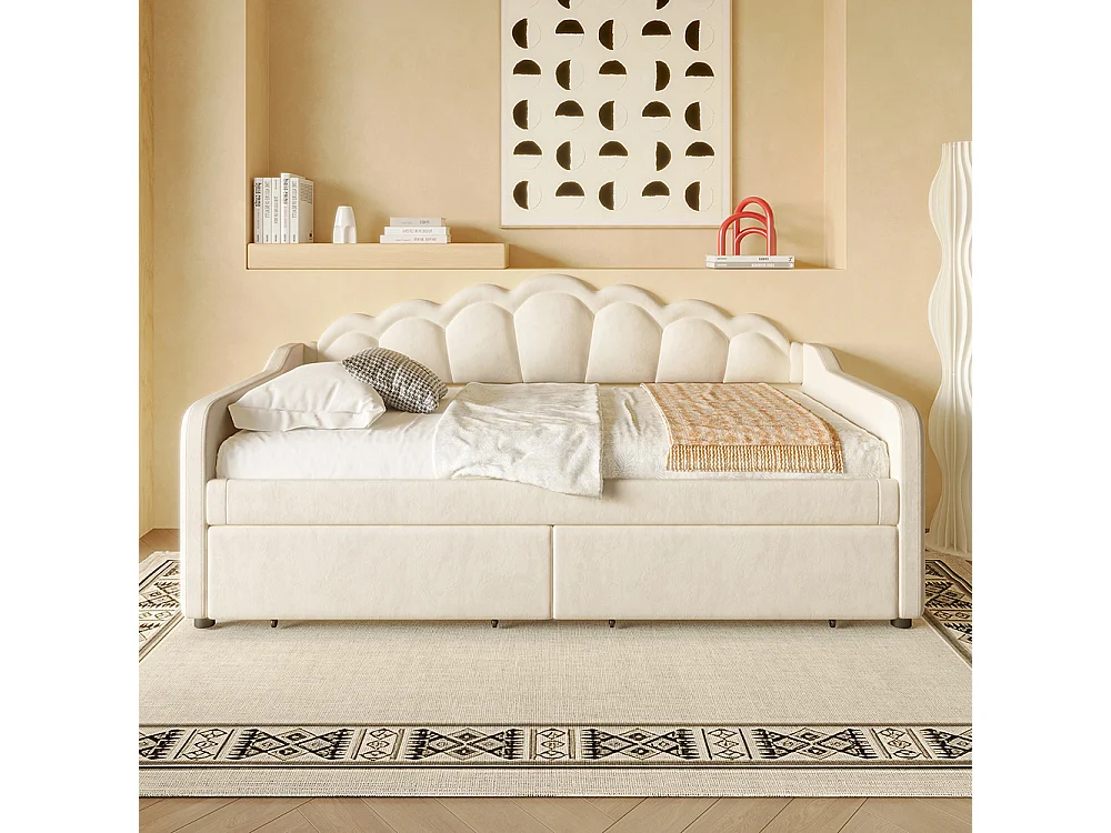 Slaapbank met laden, slaapbank, eenpersoonsbed (zonder matras), fluweel, kleur veranderende LED-strip, 90x200cm,Beige