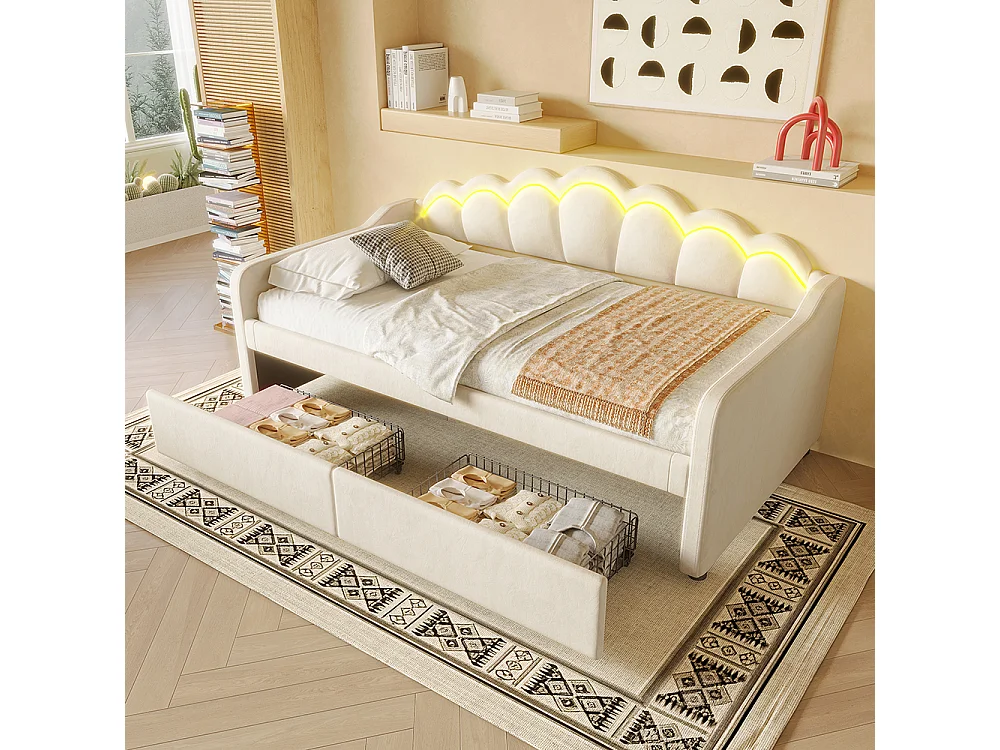 Slaapbank met laden, slaapbank, eenpersoonsbed (zonder matras), fluweel, kleur veranderende LED-strip, 90x200cm,Beige