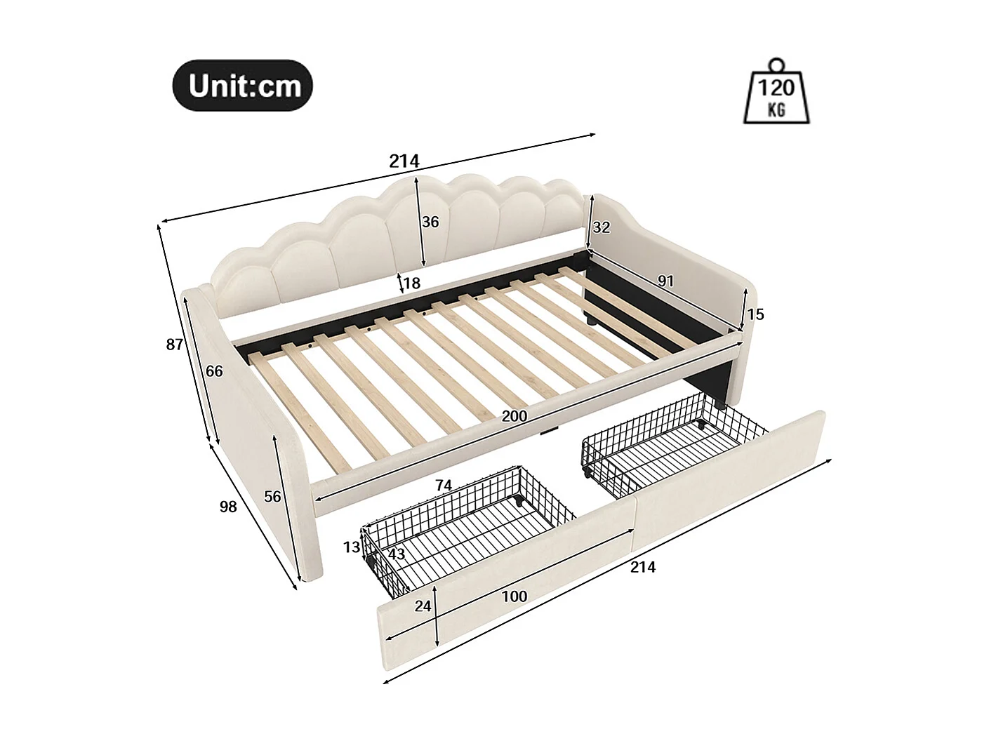 Slaapbank met laden, slaapbank, eenpersoonsbed (zonder matras), fluweel, kleur veranderende LED-strip, 90x200cm,Beige