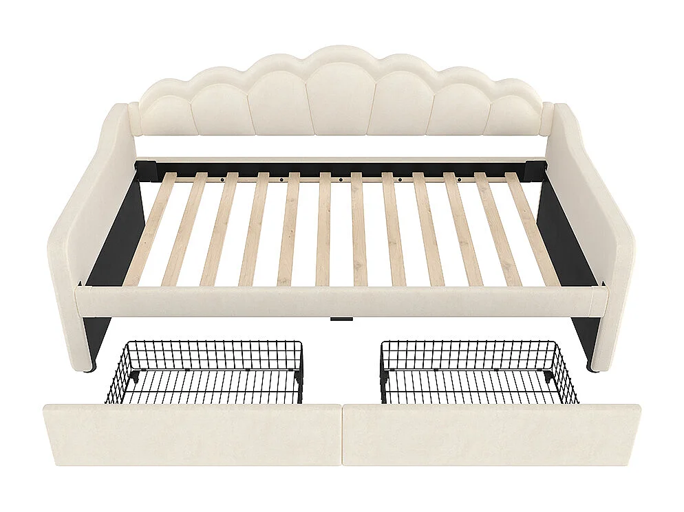 Slaapbank met laden, slaapbank, eenpersoonsbed (zonder matras), fluweel, kleur veranderende LED-strip, 90x200cm,Beige