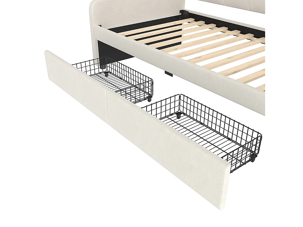 Slaapbank met laden, slaapbank, eenpersoonsbed (zonder matras), fluweel, kleur veranderende LED-strip, 90x200cm,Beige