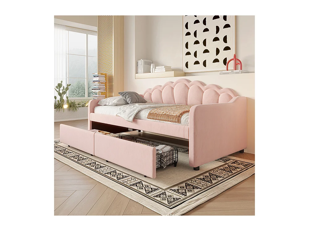 Sofá-cama com gavetas, sofá-cama, cama individual (sem colchão), veludo, fita LED que muda de cor, 90x200cm, cor-de-rosa