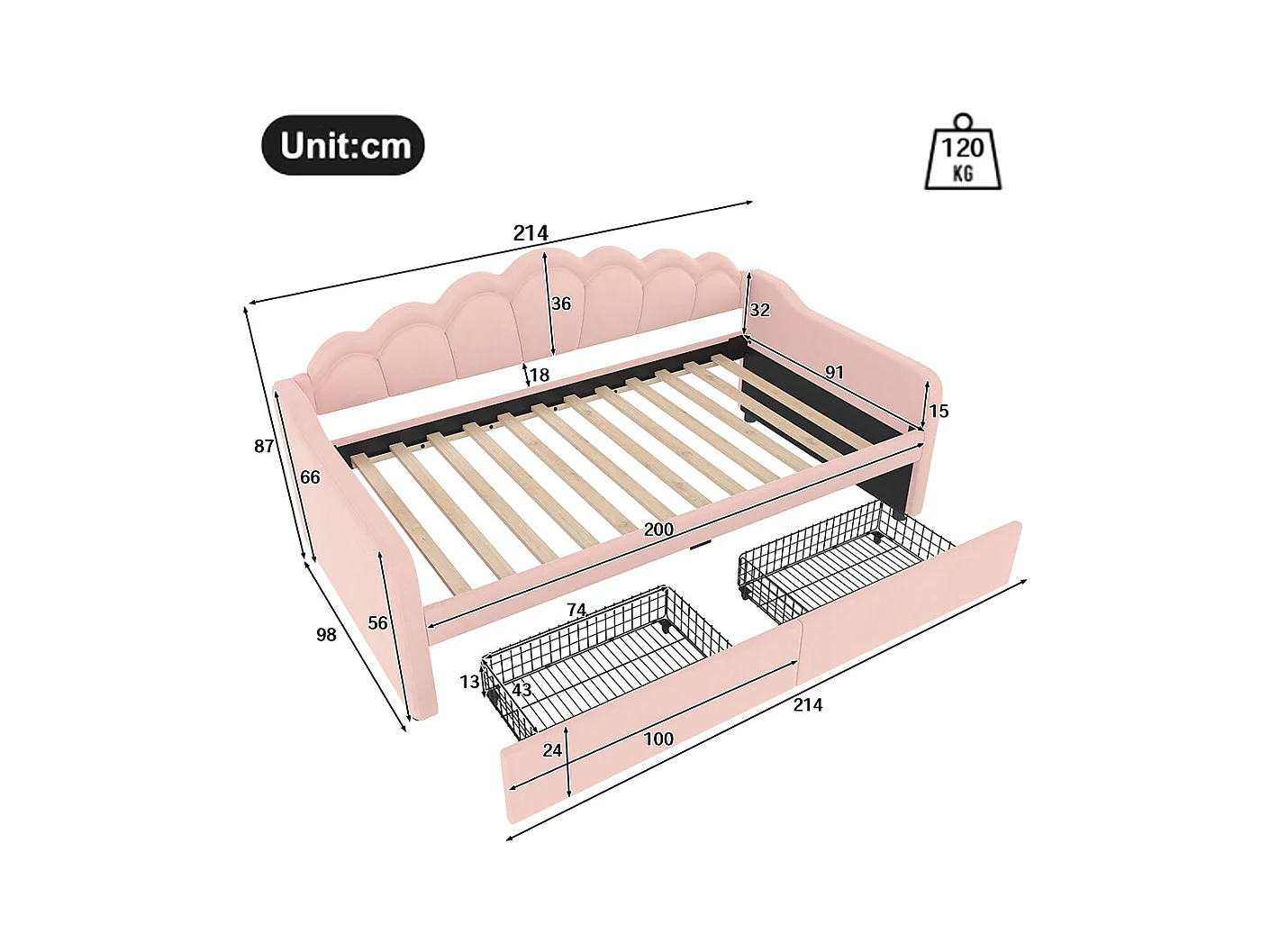 Sofá-cama com gavetas, sofá-cama, cama individual (sem colchão), veludo, fita LED que muda de cor, 90x200cm, cor-de-rosa