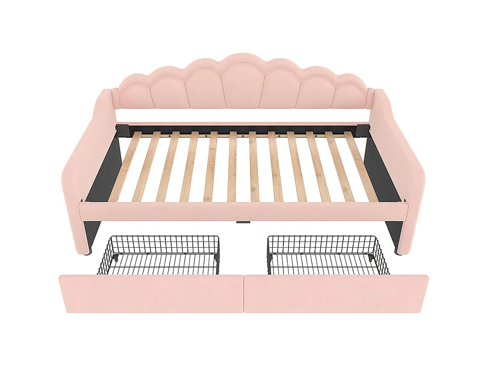 Sofá-cama com gavetas, sofá-cama, cama individual (sem colchão), veludo, fita LED que muda de cor, 90x200cm, cor-de-rosa