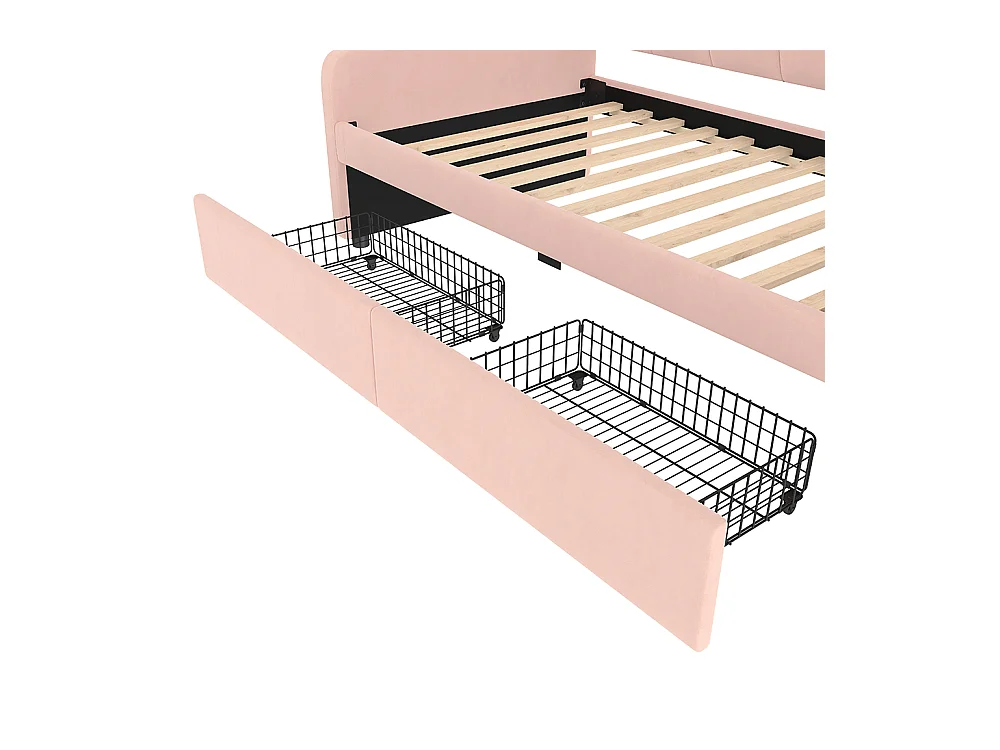 Sofá-cama com gavetas, sofá-cama, cama individual (sem colchão), veludo, fita LED que muda de cor, 90x200cm, cor-de-rosa