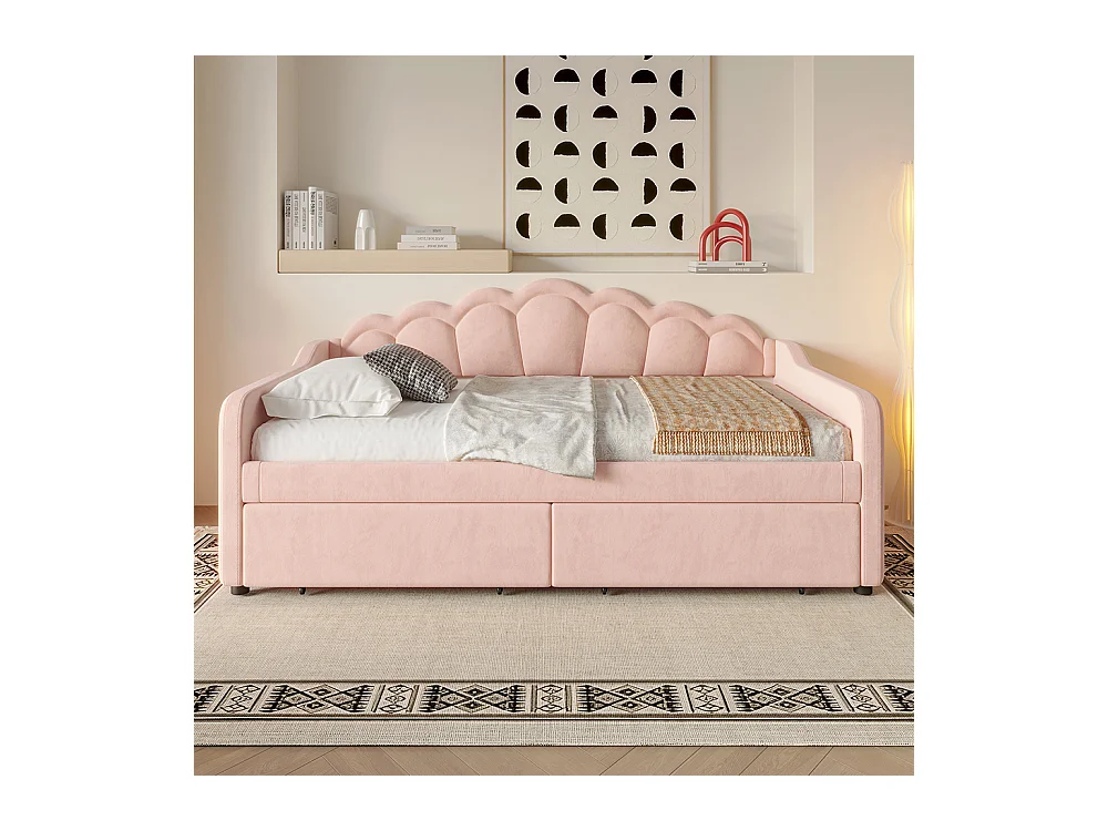Lit de jour avec tiroirs, canapé-lit, lit simple (sans matelas), velours, bande LED changeant de couleur, 90x200cm, rose
