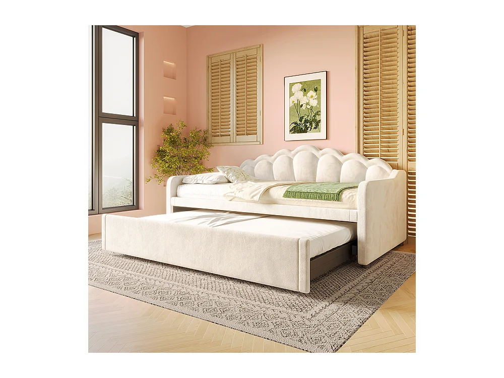 Tagesbett mit Ausziehbett, Schlafsofa, Einzelbett, Samt, LED-Streifen in wechselnden Farben, 90x200 cm (180x200 cm),Beige