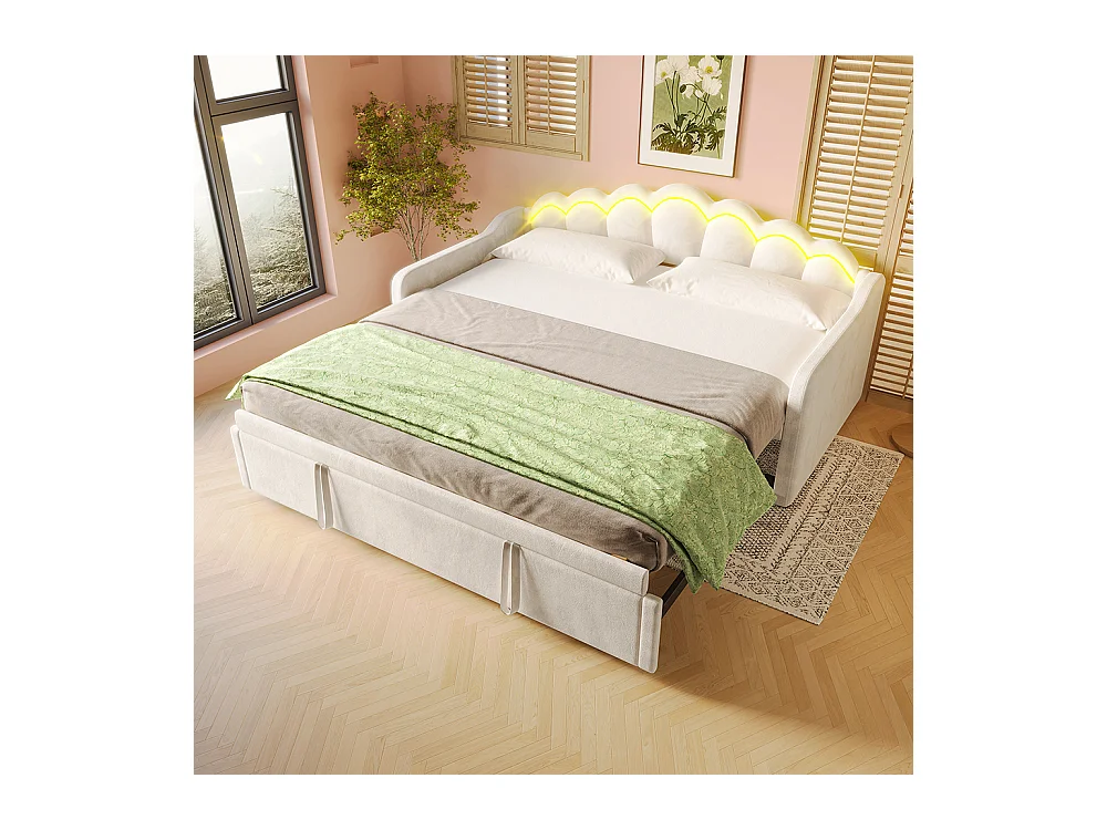 Tagesbett mit Ausziehbett, Schlafsofa, Einzelbett, Samt, LED-Streifen in wechselnden Farben, 90x200 cm (180x200 cm),Beige