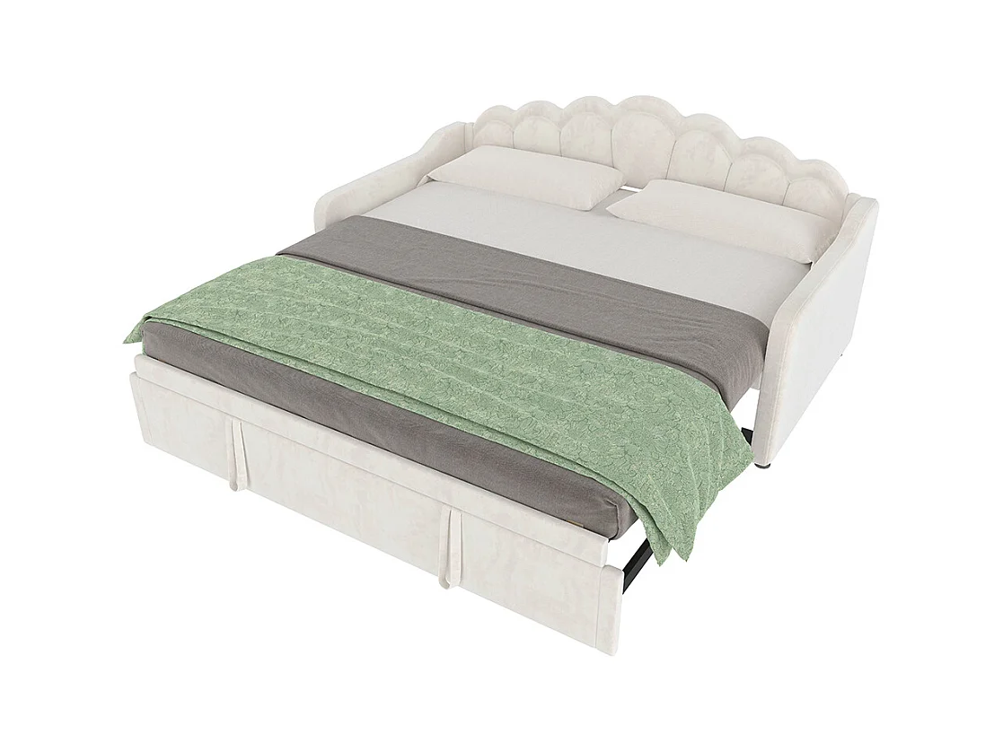 Tagesbett mit Ausziehbett, Schlafsofa, Einzelbett, Samt, LED-Streifen in wechselnden Farben, 90x200 cm (180x200 cm),Beige