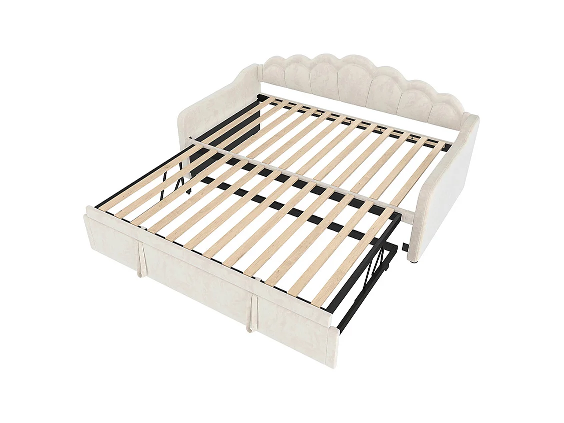 Tagesbett mit Ausziehbett, Schlafsofa, Einzelbett, Samt, LED-Streifen in wechselnden Farben, 90x200 cm (180x200 cm),Beige