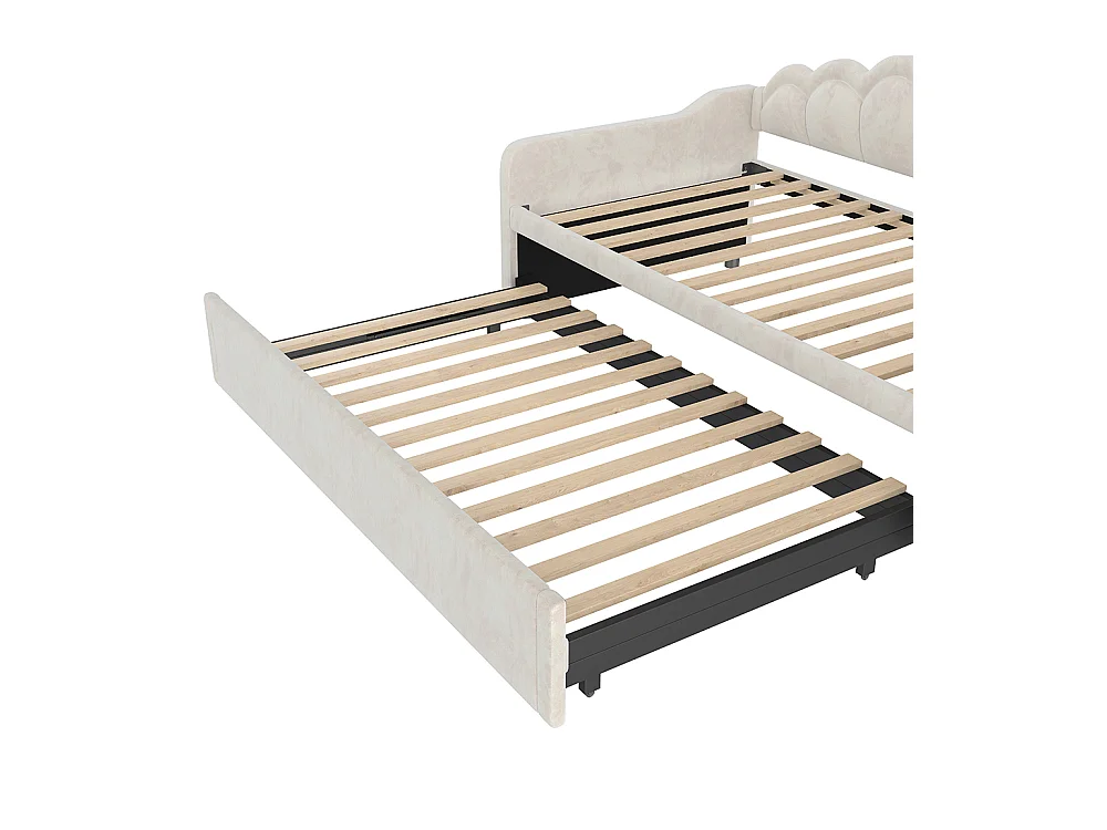 Tagesbett mit Ausziehbett, Schlafsofa, Einzelbett, Samt, LED-Streifen in wechselnden Farben, 90x200 cm (180x200 cm),Beige
