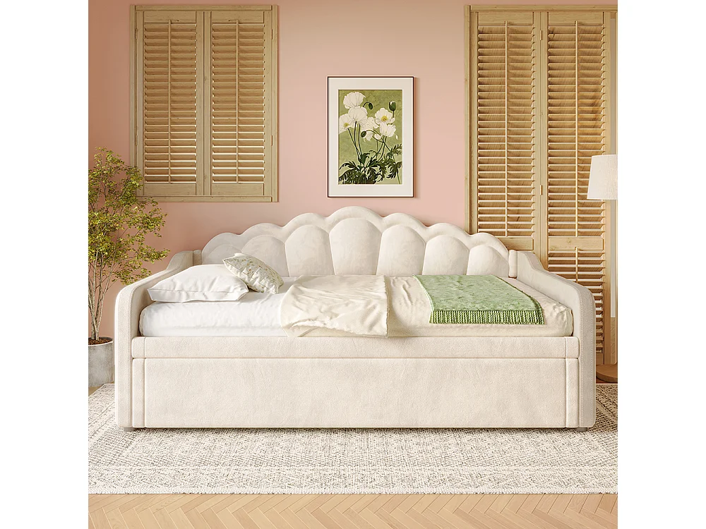 Lit de jour avec lit gigogne, canapé-lit, lit simple, velours, bande LED aux couleurs changeantes, 90x200 cm (180x200 cm),Beige