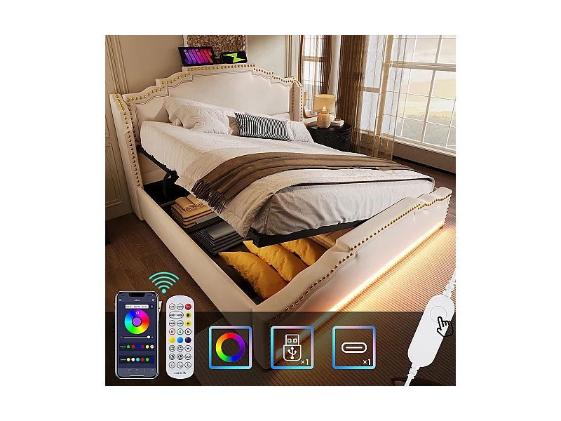 Lit rembourré 160x200, double avec rangement hydraulique, éclairage LED et port de charge USB-C, avec cadre de lit à lattes, velours, beige.