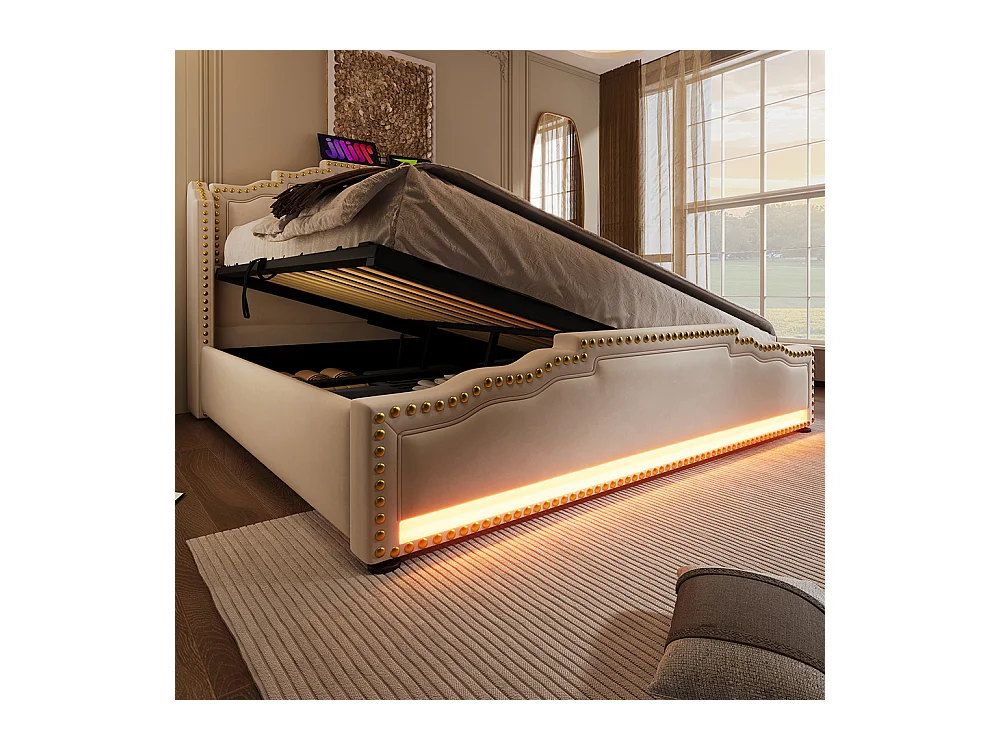 Cama tapizada 160x200, doble con almacenamiento hidráulico, iluminación LED y puerto de carga USB-C, con somier de láminas, terciopelo, beige.