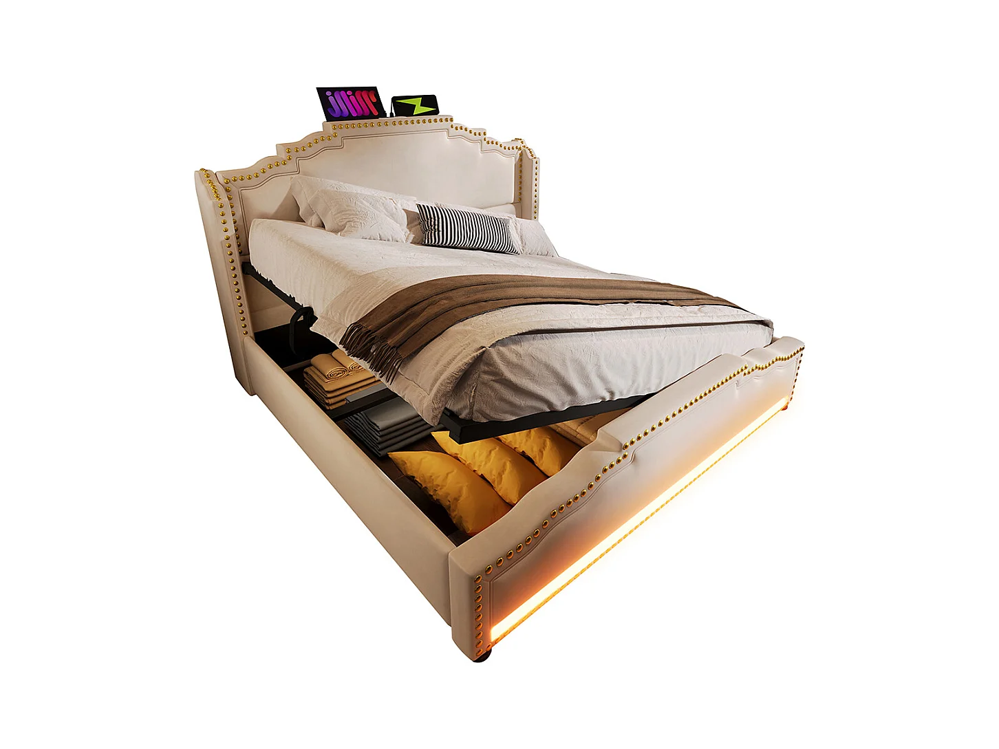 Cama tapizada 160x200, doble con almacenamiento hidráulico, iluminación LED y puerto de carga USB-C, con somier de láminas, terciopelo, beige.