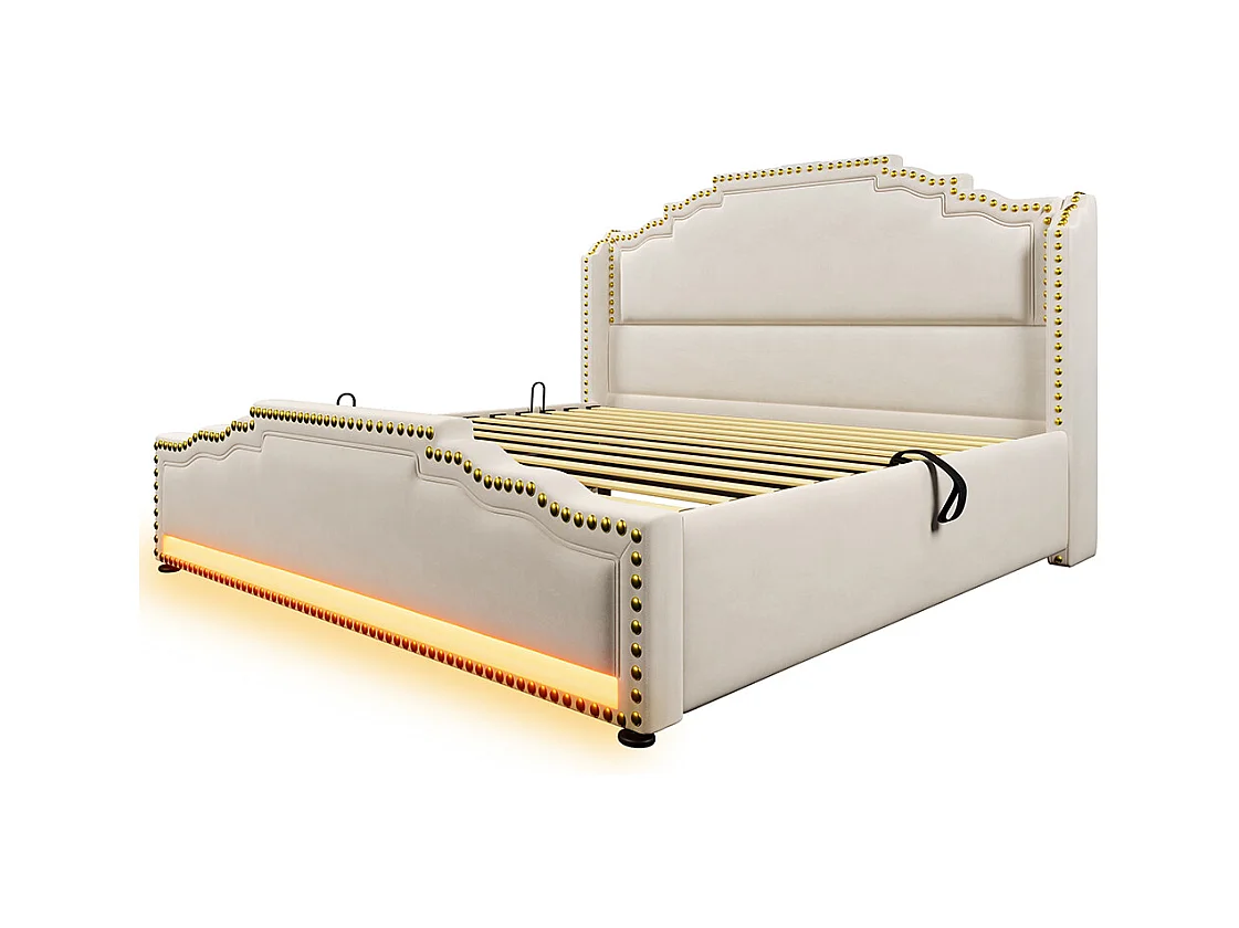 Cama tapizada 160x200, doble con almacenamiento hidráulico, iluminación LED y puerto de carga USB-C, con somier de láminas, terciopelo, beige.