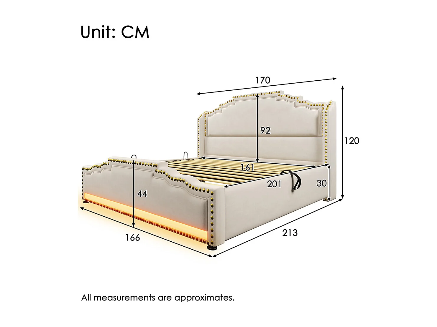 Lit rembourré 160x200, double avec rangement hydraulique, éclairage LED et port de charge USB-C, avec cadre de lit à lattes, velours, beige.