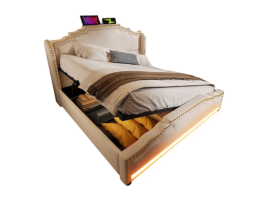 Lit rembourré 160x200, double avec rangement hydraulique, éclairage LED et port de charge USB-C, avec cadre de lit à lattes, velours, beige.