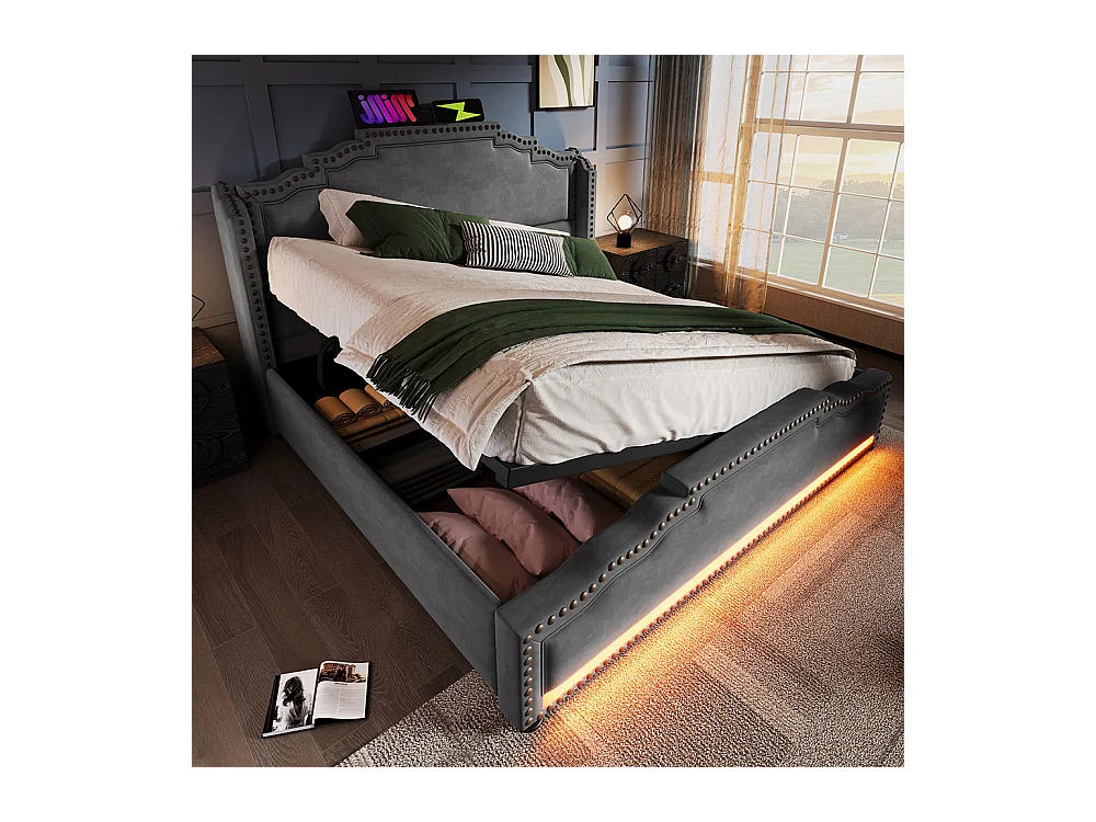 Lit rembourré 160x200, double avec éclairage LED et port de charge USB-C, avec cadre de lit à lattes, velours, gris, matelas non inclus.