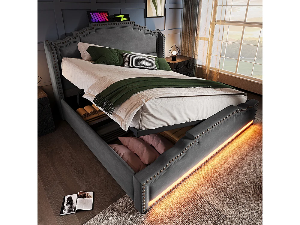 Lit rembourré 160x200, double avec éclairage LED et port de charge USB-C, avec cadre de lit à lattes, velours, gris, matelas non inclus.