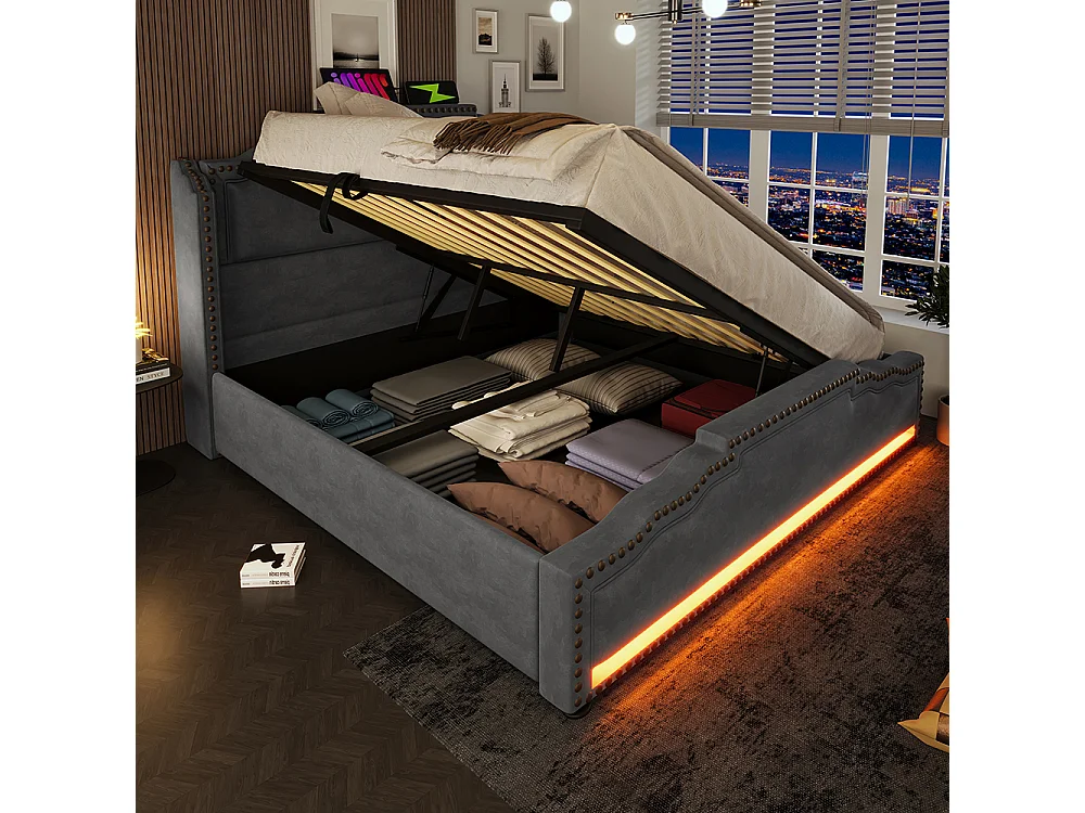 Lit rembourré 160x200, double avec éclairage LED et port de charge USB-C, avec cadre de lit à lattes, velours, gris, matelas non inclus.